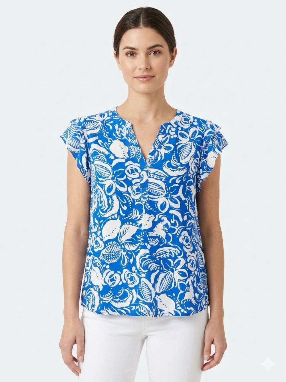 Umgee Blue and White Floral Split V-Neck Cap-Sleeve Top